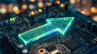 Digital circuit board with glowing green arrow pointing forward, representing technology advancement, data flow, and electronic innovation in modern computing.