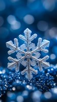 Macro photograph of delicate snowflake crystal with intricate symmetrical patterns against dark blue bokeh background, highlighting natural ice formation and winter beauty.