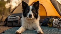 Border Collie dog lying on camping mat near orange tent at sunset, outdoor adventure scene with backpacks, camping gear and travel equipment in background.