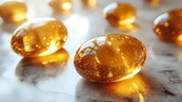 Golden omega-3 fish oil capsules scattered on marble surface, showcasing translucent amber gel pills with light reflections for health supplement marketing.