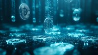 Glowing cryptocurrency symbols floating over digital circuit board in deep turquoise blue tones create futuristic financial technology concept. Digital art for fintech designs.