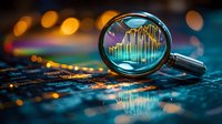 Glowing financial chart viewed through magnifying glass on circuit board with bokeh lights and reflective surface creates futuristic business analysis scene.