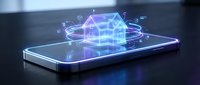 Smart home technology concept with holographic house model emerging from smartphone screen displaying connected IoT devices and automation systems.