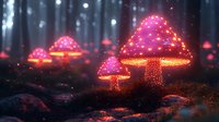 Magical glowing mushrooms in dark misty forest with luminescent pink caps and stems emitting ethereal light, creating mystical woodland atmosphere at night.