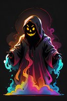 Mysterious hooded figure with glowing jack o'lantern face emerging from colorful magical smoke perfect for Halloween designs, gaming artwork and fantasy illustrations on dark background.