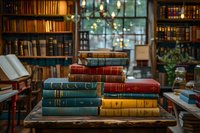 Stack of vintage leather-bound books in blue, red, and yellow on wooden table against library bookshelf background with hanging lights and window creating cozy atmosphere.