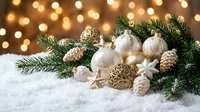 Festive holiday arrangement with white and gold ornaments, evergreen branches, pinecones nestled in snow with warm bokeh lights, perfect for seasonal greeting cards and winter celebrations.