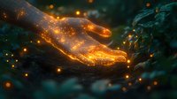 Mystical glowing hand reaches out among dark foliage, surrounded by magical golden sparkles and light particles in dreamy forest atmosphere.