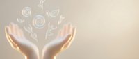 Female hands cupped together releasing delicate white line art flowers and swirls on soft beige background for wellness and spiritual design concepts.