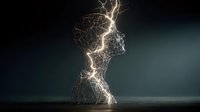 Human silhouette with glowing neural network lightning effects representing artificial intelligence, creativity and mental power for technology concepts.