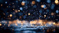 Magical winter night cityscape with glowing bokeh lights and falling snow creates dreamy atmosphere. Blurred urban skyline reflects in water surface at dusk.