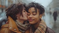 Young diverse couple sharing intimate moment in rain, Asian man and Caucasian woman with wet hair embracing, wearing beige coats, showing genuine emotion and connection.