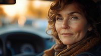Middle-aged Caucasian woman with curly hair sitting in car during golden hour sunset, warm lighting creating peaceful moment for travel and lifestyle content.