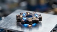 Futuristic metallic gear mechanism with glowing blue LED lights on industrial surface for technology and engineering concepts.
