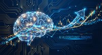 Artificial intelligence brain with glowing neural networks and financial trading charts on dark blue circuit board background for fintech applications.