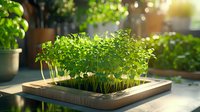 Fresh microgreens growing in wooden tray on windowsill with soft morning sunlight, green sprouts for healthy eating and home gardening concept.
