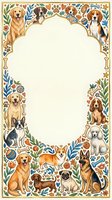 Decorative dog breeds border frame with golden retriever, beagle, boxer, bulldog, corgi, german shepherd, pug and other pets surrounded by floral elements.