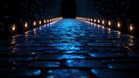 Illuminated cobblestone path at night with glowing lanterns creating magical atmosphere, reflective wet surface in deep blue tones, mysterious perspective view.