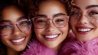 Three diverse young women wearing stylish eyeglasses and pink fuzzy sweaters smile brightly showing genuine joy and friendship in close-up portrait.