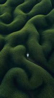 Aerial view of lone person walking through surreal green moss-covered landscape with rolling hills and organic flowing patterns creating dreamlike terrain.