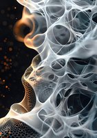 Abstract digital art featuring ethereal white mesh structures with organic cellular patterns against dark background with glowing orange particles.