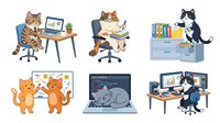 Cats working in office environment with laptops, desks, and business supplies, isolated on white background for design projects, clipart, and educational materials.