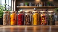 Glass jars filled with colorful spices, dried herbs, and seasonings arranged on wooden kitchen counter, showcasing culinary ingredients in organized storage containers.