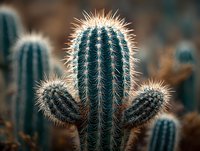 Close-up of green columnar cactus with prominent white spines against blurred desert background, showcasing distinctive symmetrical pattern of thorns.