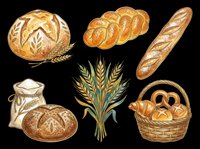 Bakery bread collection with round loaf, sliced bread, baguette, wheat stalks, flour sack, and basket of pretzels isolated on transparent background. Ready for t-shirt design, clipart, stickers, and print-on-demand products.