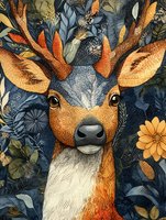 Artistic portrait of deer with orange antlers surrounded by navy blue floral pattern background, featuring yellow flowers and botanical elements in folk art style.