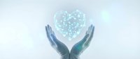 Hands protecting glowing digital heart with network connections symbolizing healthcare technology, medical innovation and data security concepts.