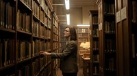 Young woman browsing books in library aisle surrounded by tall bookshelves. Student researcher in academic environment for education and learning concepts.