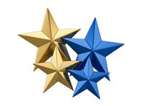Metallic gold and blue stars isolated on white background, ready for design projects, decorations, and festive applications.