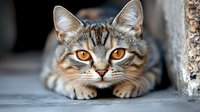 Adorable tabby kitten with striking orange eyes lying down, perfect for pet care, animal welfare campaigns, and feline photography projects.