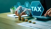 Digital tax preparation concept with glowing hexagonal icons, calculator symbols, and coin stacks on desk with laptop and financial documents for accounting services.