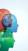 Three colorful human head silhouettes with electronic circuit brain patterns representing artificial intelligence, technology and digital thinking concepts.