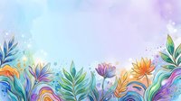 Watercolor floral border with vibrant blooms and leaves in rainbow hues on soft pastel background, suitable for greeting cards and design projects.