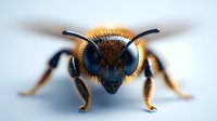 Extreme close up macro photography of solitary mining bee face showing compound eyes, antennae and detailed fur texture against soft blue background.