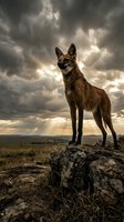 Wild coyote standing on rocky outcrop against dramatic stormy sky with sunbeams breaking through clouds over prairie landscape for wildlife photography.