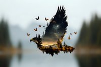 Mystical double exposure silhouette of eagle blending with forest landscape at sunset, orange butterflies flying around, misty lake reflection in background.