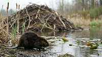 Wild beaver sitting by wetland pond near wooden stick lodge in natural marsh habitat during spring season.