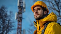 Young Caucasian male telecommunication engineer in yellow safety jacket and hard hat looking up at cell tower during maintenance work on sunny winter day.