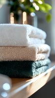 Stack of fresh folded cotton towels in white, beige and dark green colors on wooden surface with soft natural lighting and bokeh effect, creating spa-like atmosphere.