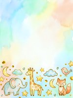 Watercolor pastel background with whimsical hand-drawn animals including elephant, giraffe, fox, bird, clouds, moons and stars. Isolated design element suitable for nursery decor, children's invitations, baby shower cards and greeting designs.