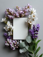 Blank white paper card mockup surrounded by fresh spring flowers in purple and white tones with eucalyptus leaves on gray background for wedding invitations.