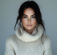 Young Mediterranean woman with dark hair and striking blue eyes wearing cozy white turtleneck sweater against blue background, natural makeup look for beauty and fashion.
