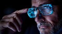 Mature bearded man in glasses illuminated by blue digital screen light, focusing intently on computer display in dark environment, cybersecurity concept.