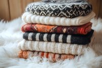 Stack of cozy knitted winter sweaters in neutral and orange tones arranged on soft white fur background, showcasing different patterns and textures for seasonal fashion.