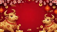 Golden bulls with cherry blossoms and lanterns on red background for Chinese New Year celebration and Asian festival decorations.