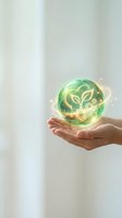 Hands holding glowing green sphere with leaf symbols representing environmental protection, sustainability and eco-friendly business concepts for Earth Day.